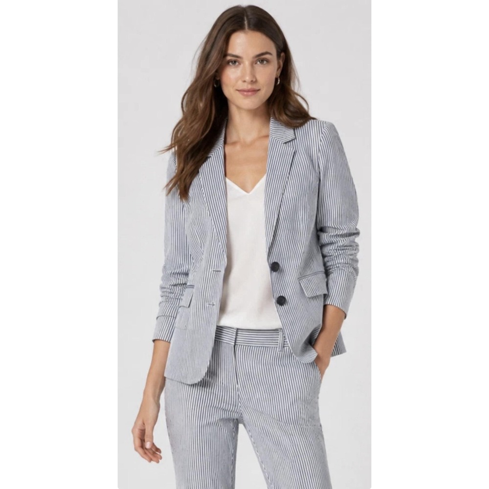Nine West Blazer Womens 14 Blue Striped Seersucker Lined Nautical Preppy Jacket